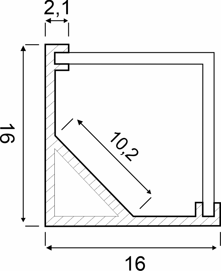 Профиль PRO281 алюминиевый угловой, с квадратным экраном и заглушками (2000х16х16мм)