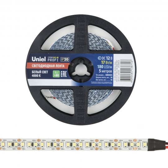 Светодиодная лента ULS-2835-180LED/m-10mm-IP20-DC12V-17W/m-5M-4000K PROFI RSP